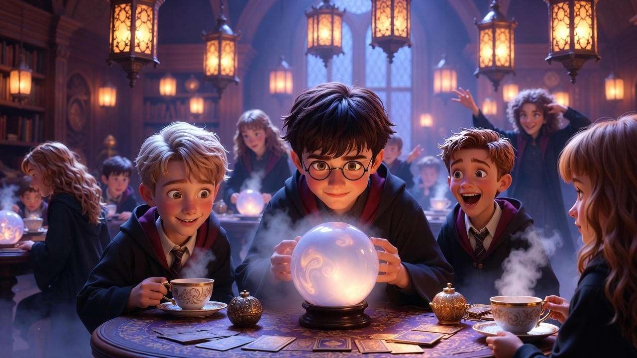 Humorous Harry Potter Divination class with crystal ball reading antics.
