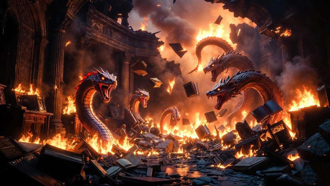Fiendfyre curse unleashing chaos in Harry Potter Battle of Hogwarts.

