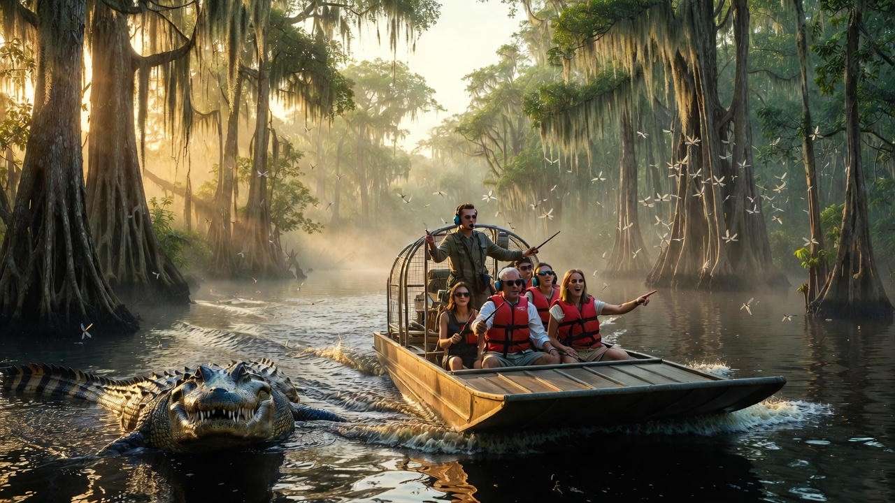  Harry Potter inspired bayou swamp tour in New Orleans with airboat and alligator hippogriff sightings.

