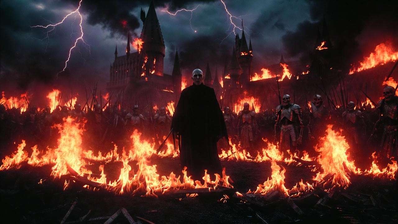 Voldemort's Protego Diabolica fiery barrier in Harry Potter war scene.


