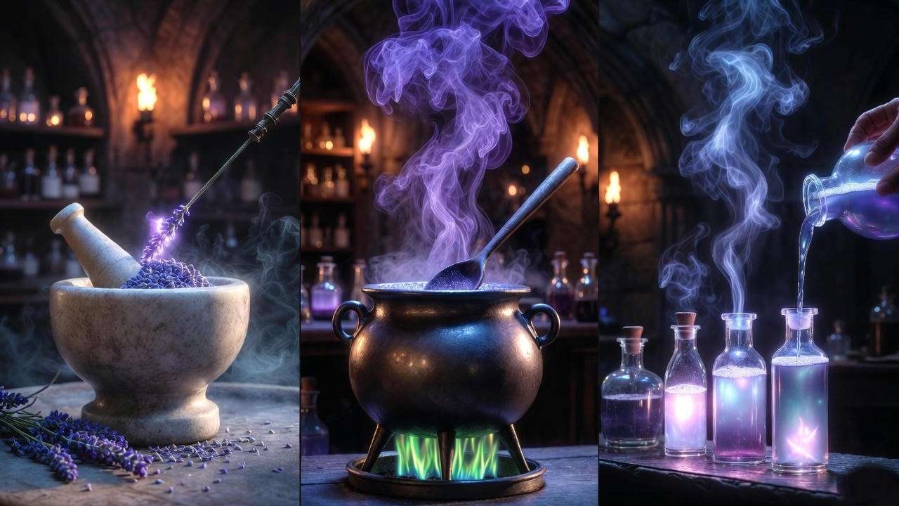 Step-by-step brewing montage of Harry Potter sleepy potion in Hogwarts cauldron with magical steam and ingredients.

