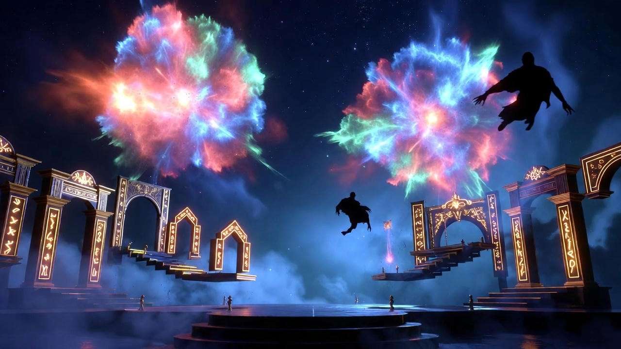 Magical special effects on Harry Potter and the Cursed Child stage with spells and dementors.