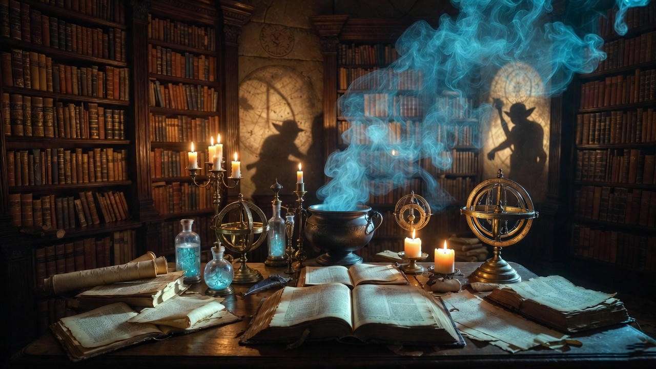 Ancient wizarding alchemy scene with calming elixir manuscripts and glowing cauldron in Harry Potter style.