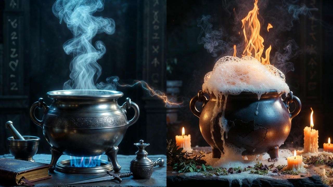Comparison of Snape's pewter cauldron and Harry's clay brew pot in Harry Potter lore.