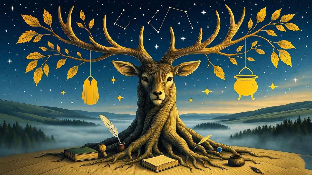 Magical family tree with stag and cauldron motifs, tracing Potter ancestry in Harry Potter universe.