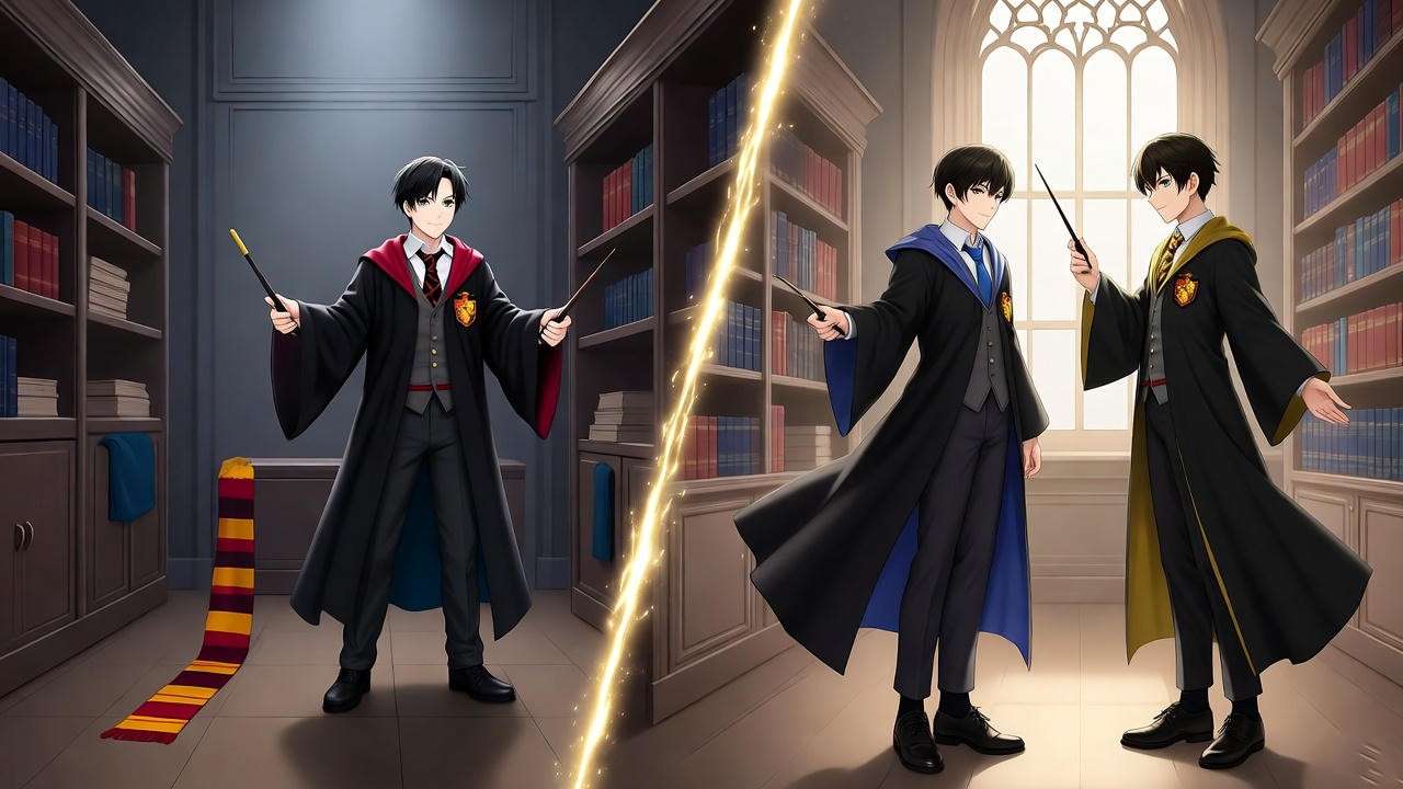Before and after fixes for common errors in Harry Potter dress up games, balanced wizard outfits illustration.