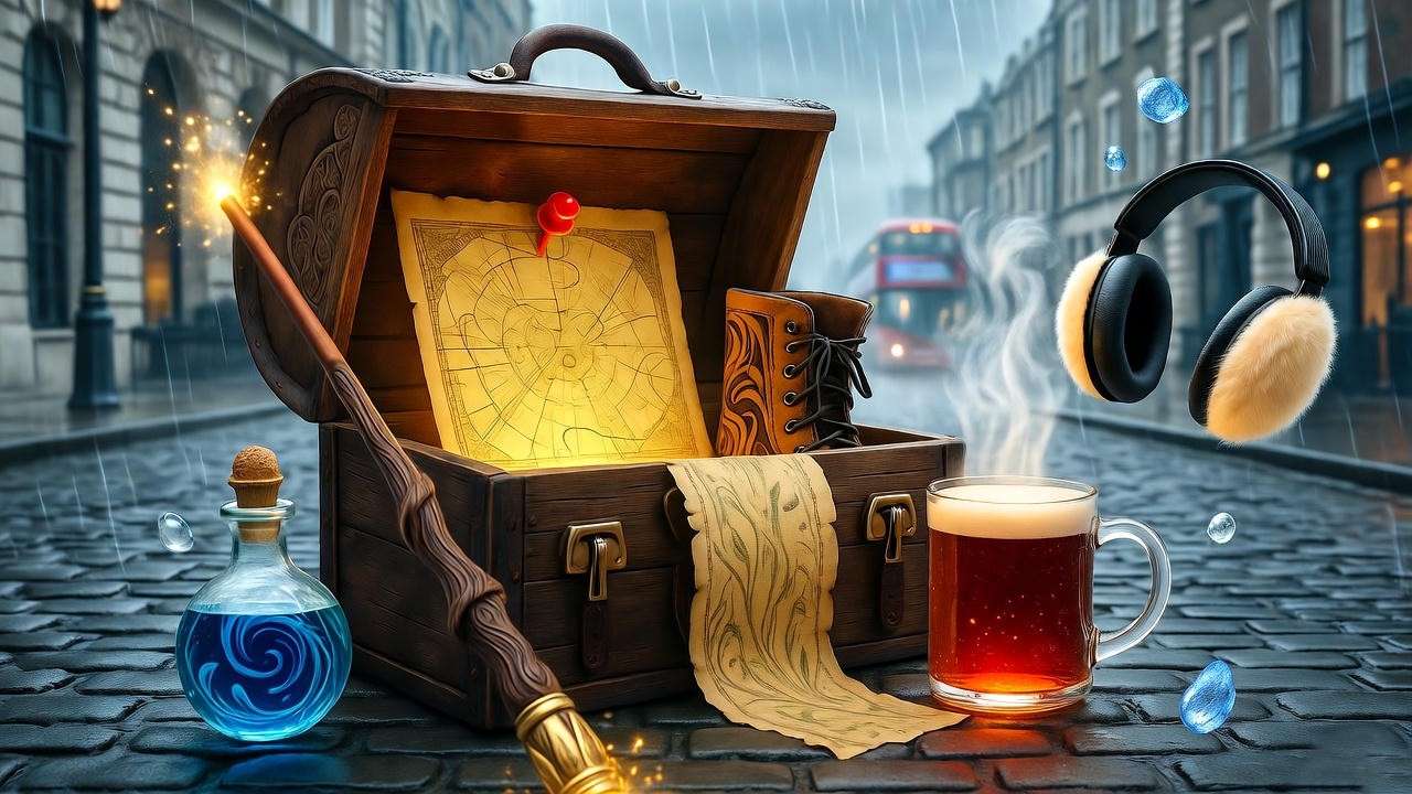 Illustrated guide to packing essentials for self-guided Harry Potter walking tour in Bloomsbury London.