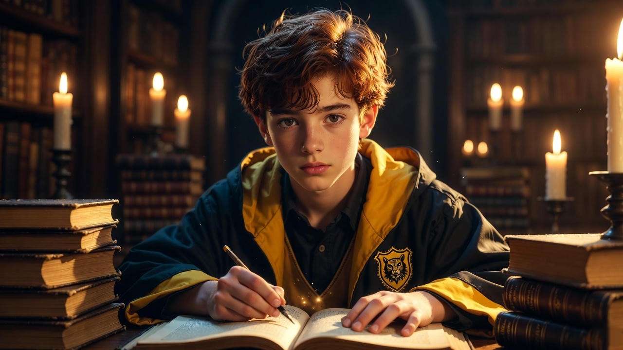 Portrait of Gabriel Truman Hufflepuff prefect in Harry Potter library studying house lore