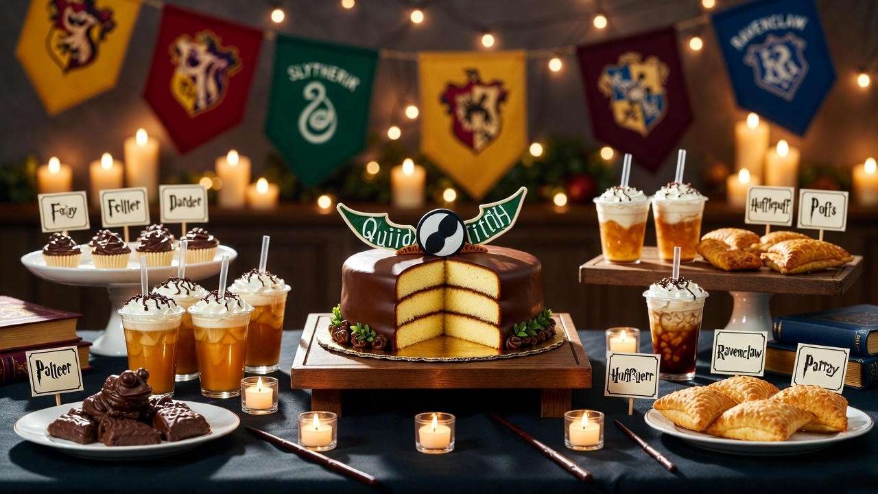 Quidditch cake presentation at Harry Potter party with themed treats and decorations
