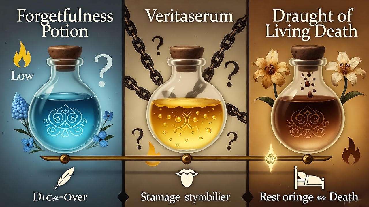 Comparison of Forgetfulness Potion vs Veritaserum and Draught of Living Death in Harry Potter, illustrated infographic.