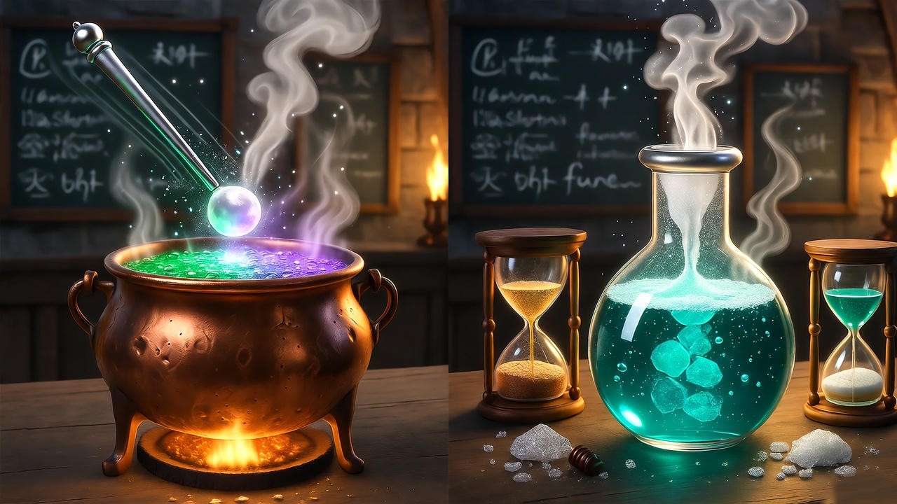 Illustrated step-by-step brewing guide for Harry Potter Draught of Peace potion in Hogwarts cauldron with color-shifting vapors.
