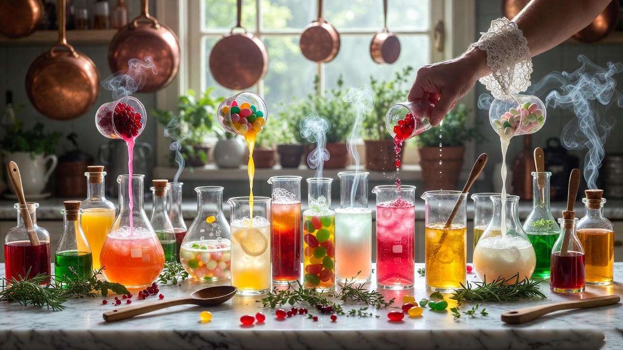 Creative DIY recipes with Bertie Bott's Every Flavor Beans in a Harry Potter-style wizarding kitchen, mixing jelly beans into potions.