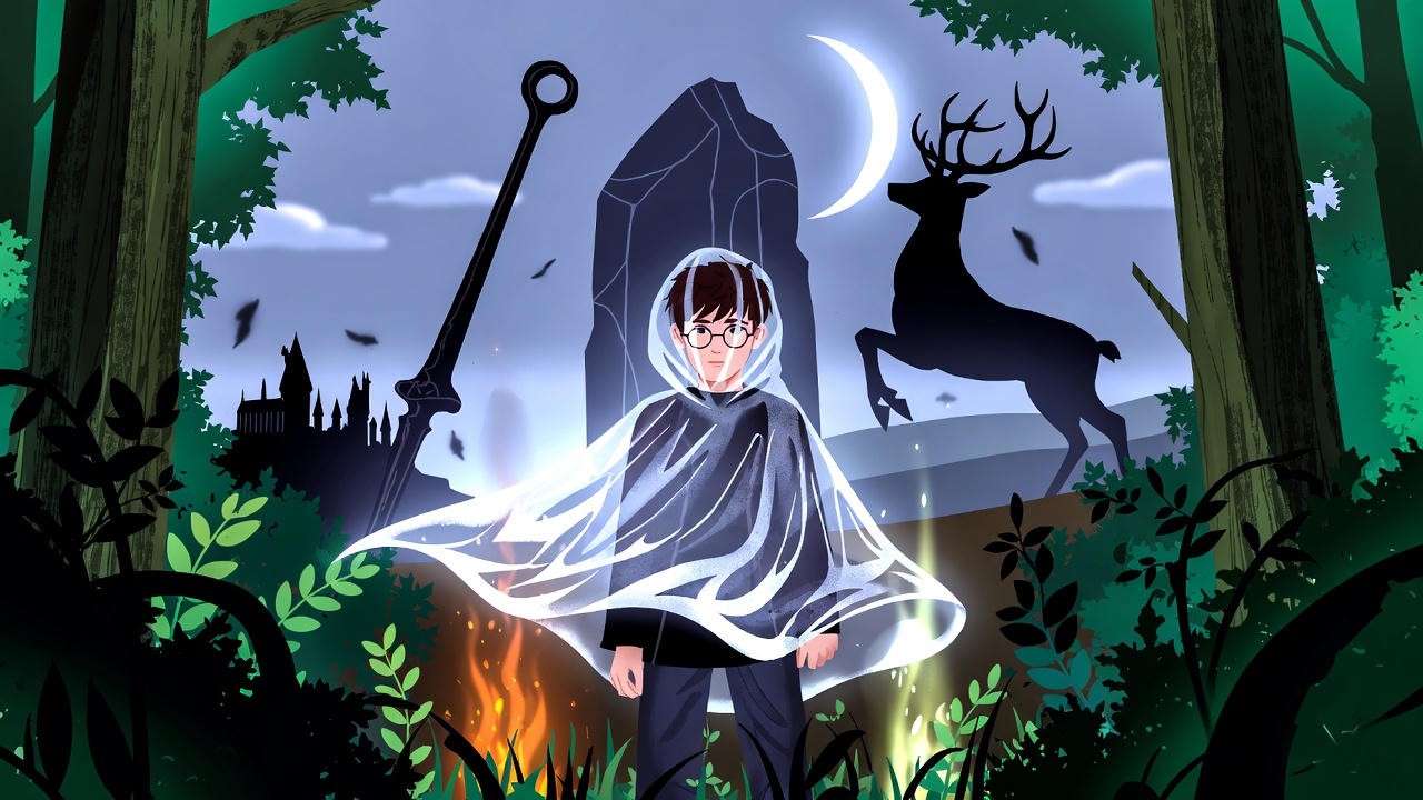 Harry Potter embodying the youngest brother's wisdom with the Invisibility Cloak in the Tale of the Three Brothers Harry Potter connections.
