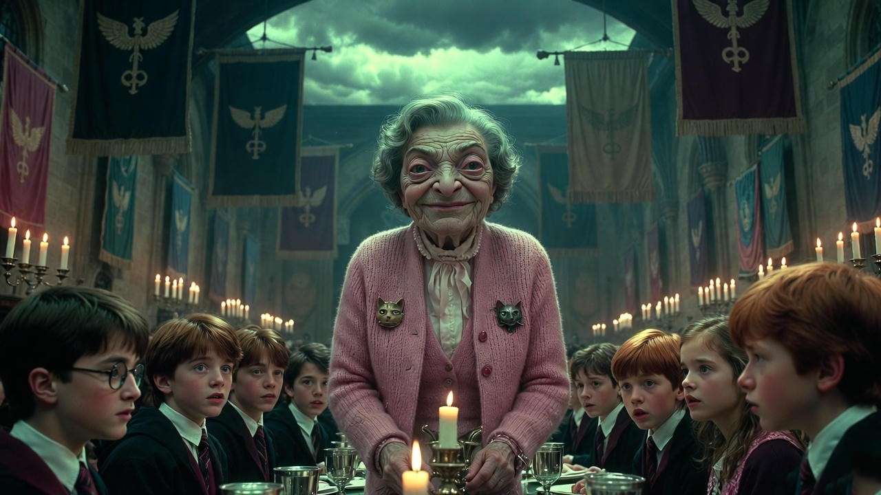 Dolores Umbridge's tyrannical arrival at Hogwarts Great Hall in Harry Potter Year of Darkness, evoking Ministry oppression and student fear.