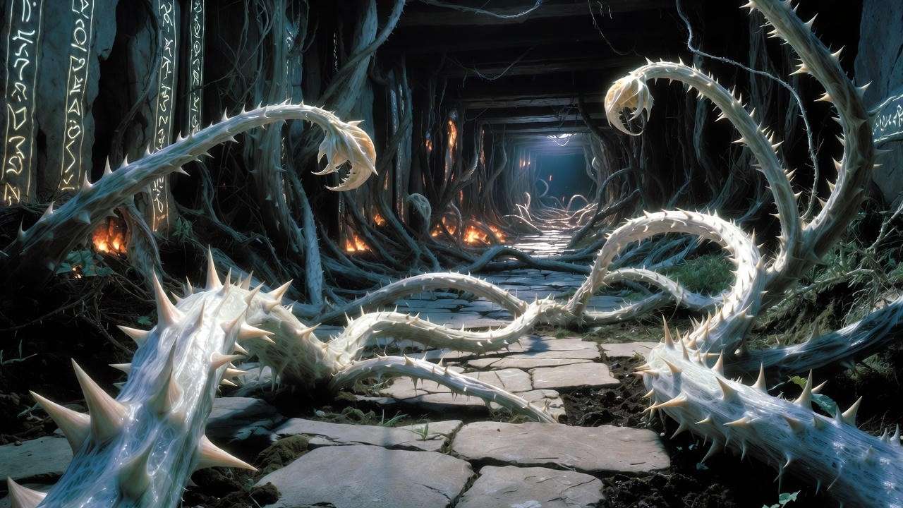 Devil's Snare vines trapping scene from Harry Potter Philosopher's Stone greenhouse plant dangers.
