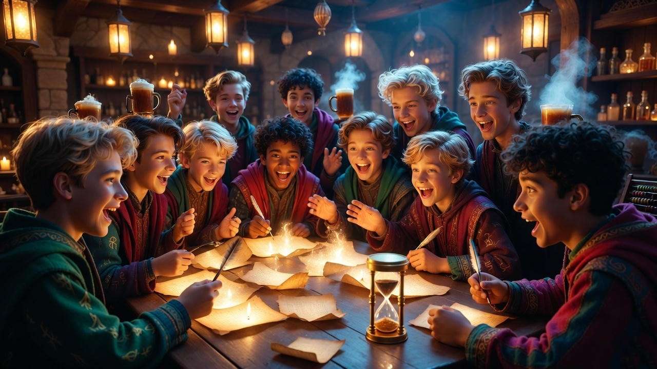 Group of friends enjoying a Harry Potter trivia quiz night in a wizarding tavern.