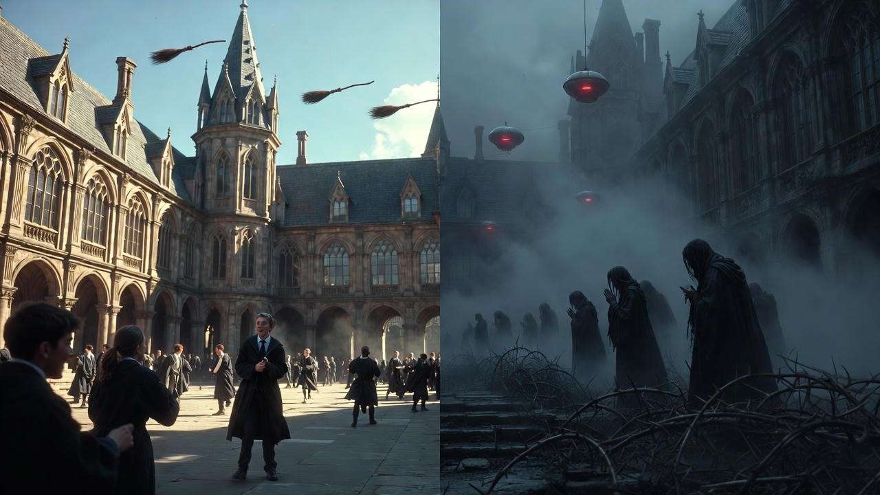 Dystopian vs utopian Harry Potter worlds comparison illustration for genre analysis.
