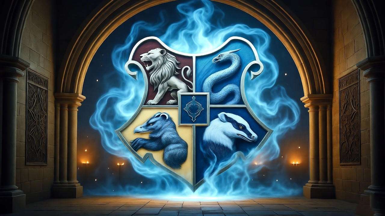 Illustrated Hogwarts coat of arms with house beasts in magical hall, Harry Potter heraldry inspiration.