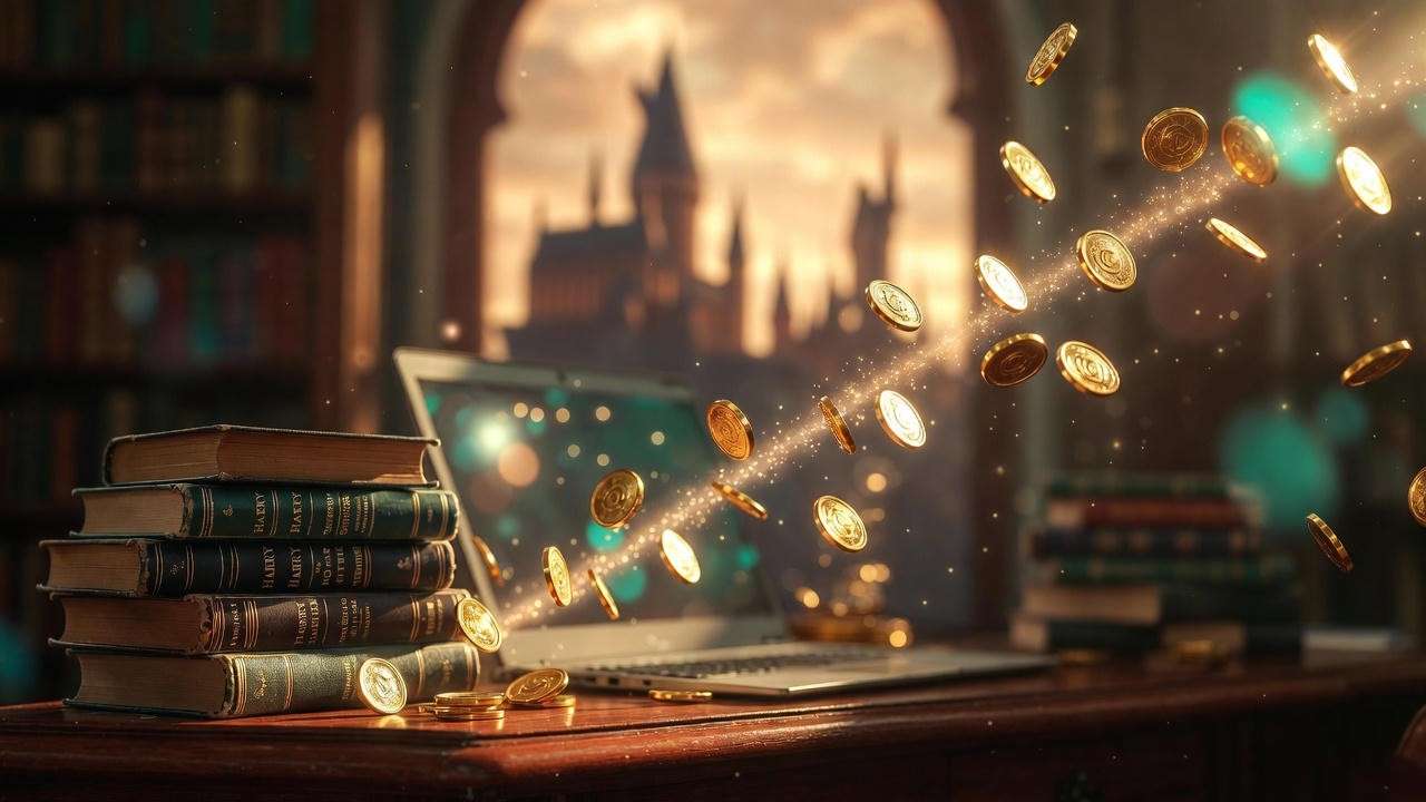 Golden coins floating above Harry Potter books and laptop with Hogwarts castle in background – symbolizing real Harry Potter scholarship awards 