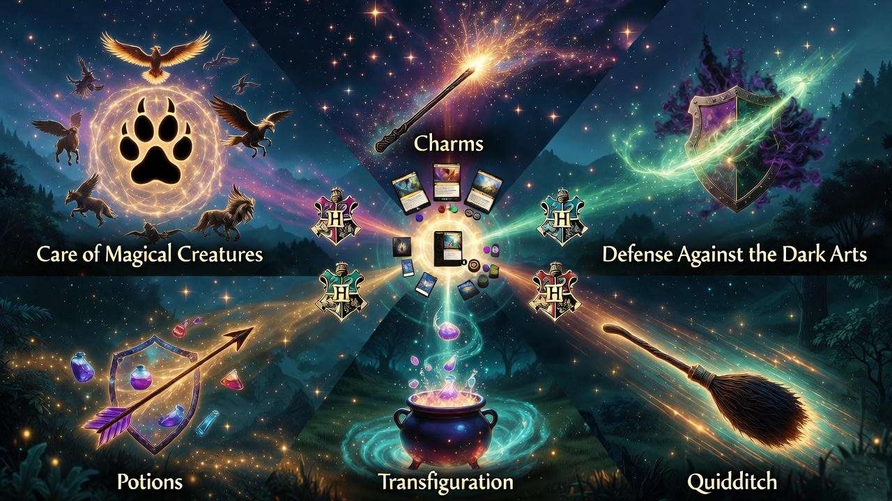 Visual guide to Harry Potter TCG Lesson types and their magical symbols.