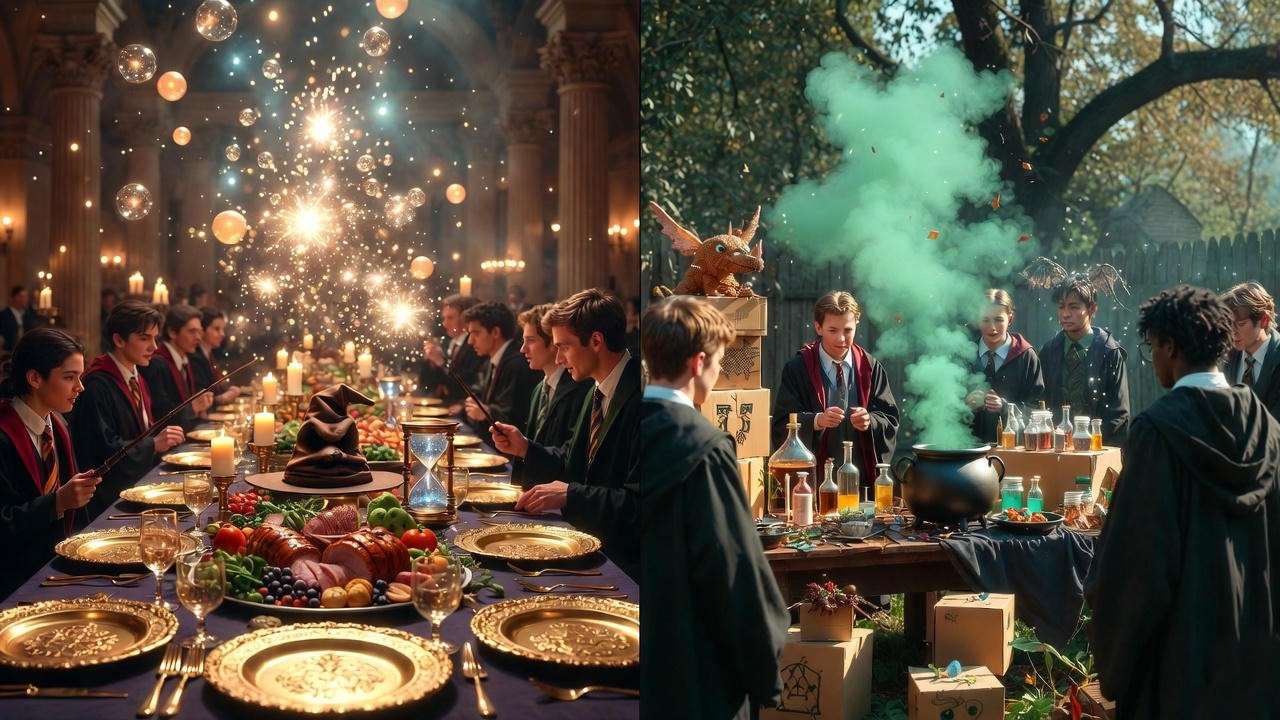 Children mixing colorful potions at Harry Potter birthday activity station.
