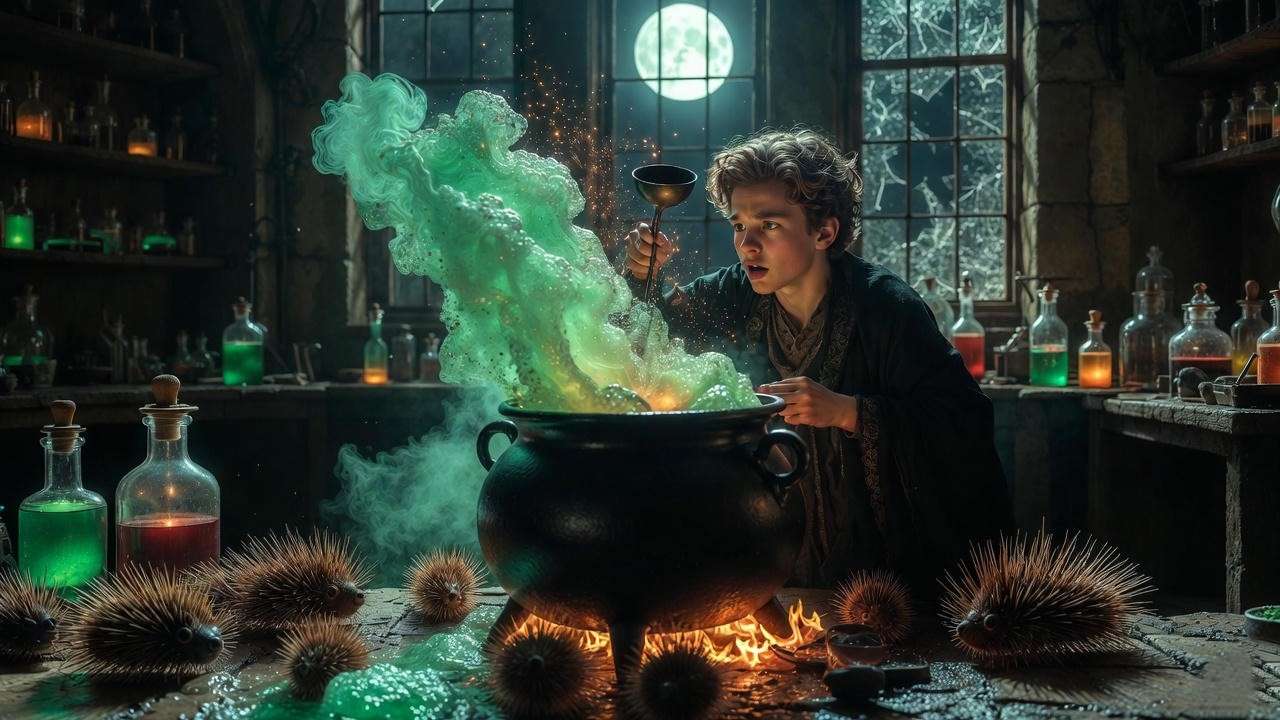 Harry Potter Calming Potion brewing mistake with exploding cauldron and scattered ingredients.