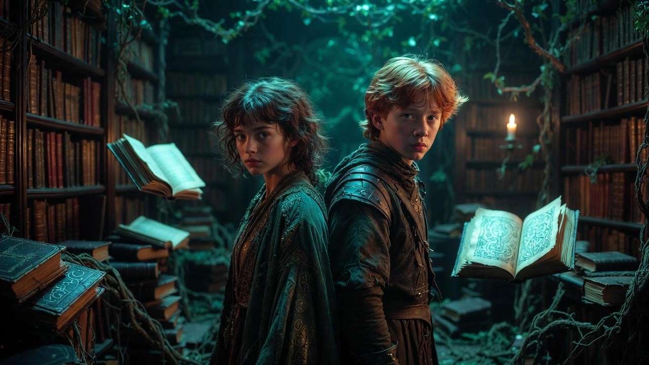 Harry Potter underbelly dystopian elements in Hogwarts library scene artwork.