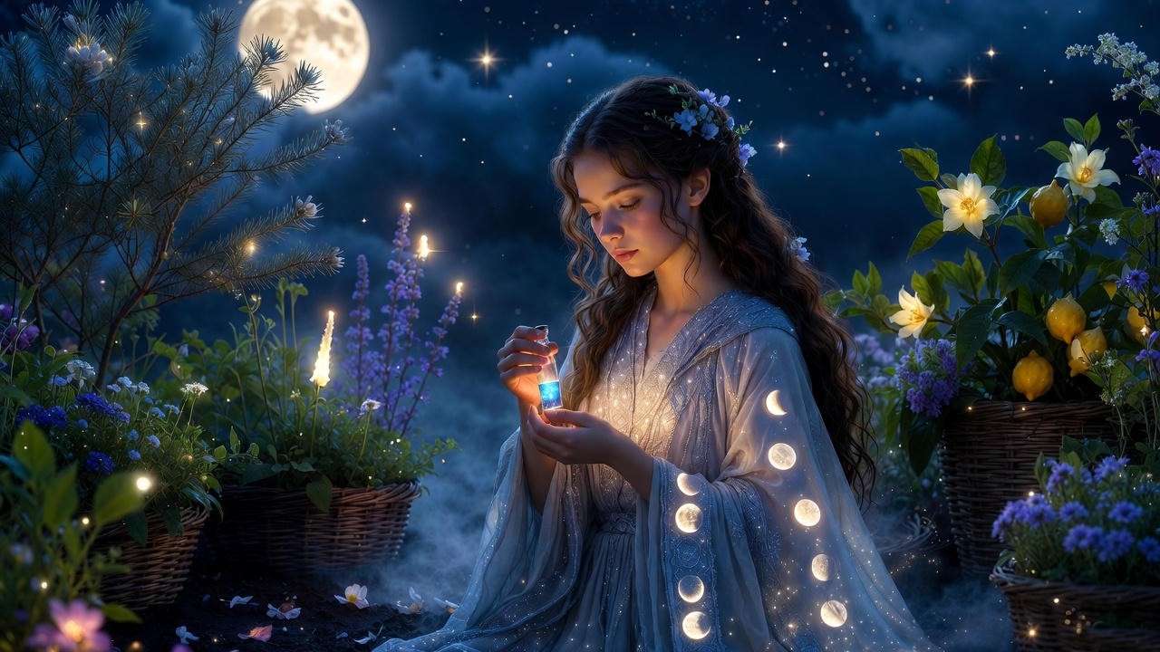 Moonlit wizard customizing Calming Potion with seasonal herbs in Harry Potter enchanted garden.