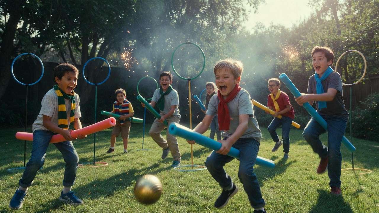 Harry Potter party decorations with floating candles and house banners for birthday planning tips.
