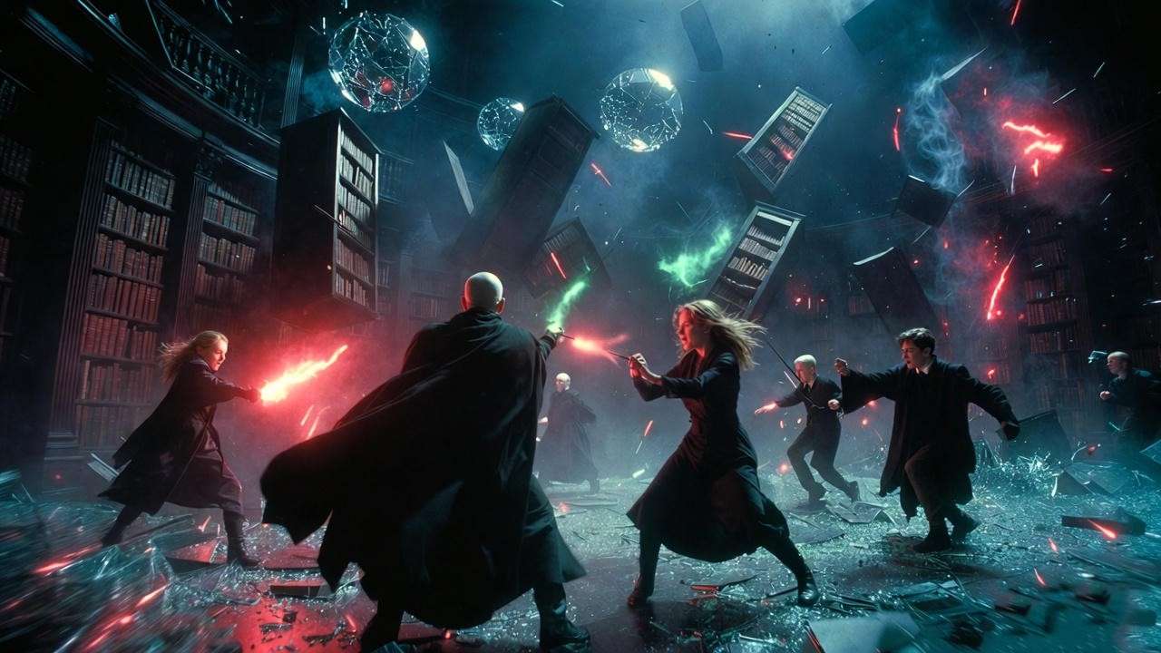 Intense Dumbledore's Army battle against Death Eaters at the Ministry of Magic in Harry Potter Order of the Phoenix.