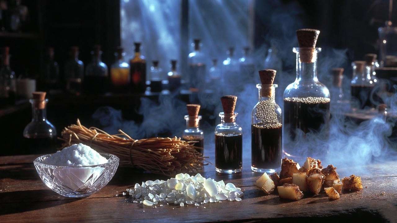 Close-up of Harry Potter Calming Potion ingredients like moonstone and mandrake on a workbench.