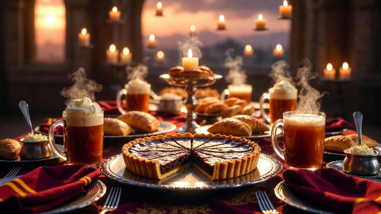 Harry Potter treacle tart served with butterbeer and pumpkin pasties for Hogwarts feast pairings.

