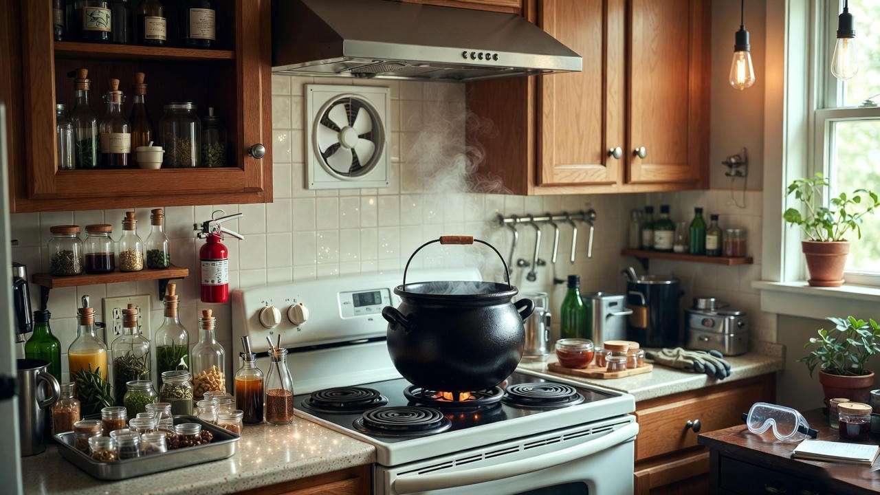 Safe DIY wizard cauldron setup in a home kitchen for Harry Potter potion making.