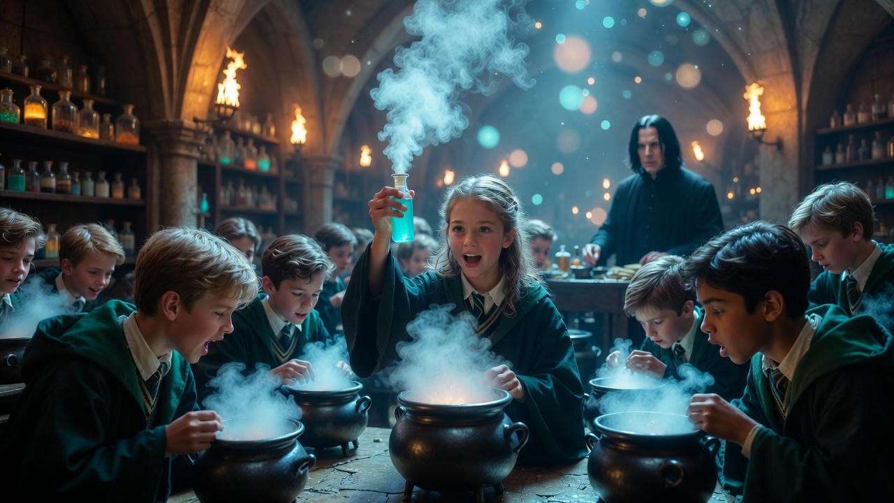 Hogwarts students brewing Calming Potion in Potions class scene from Harry Potter lore.