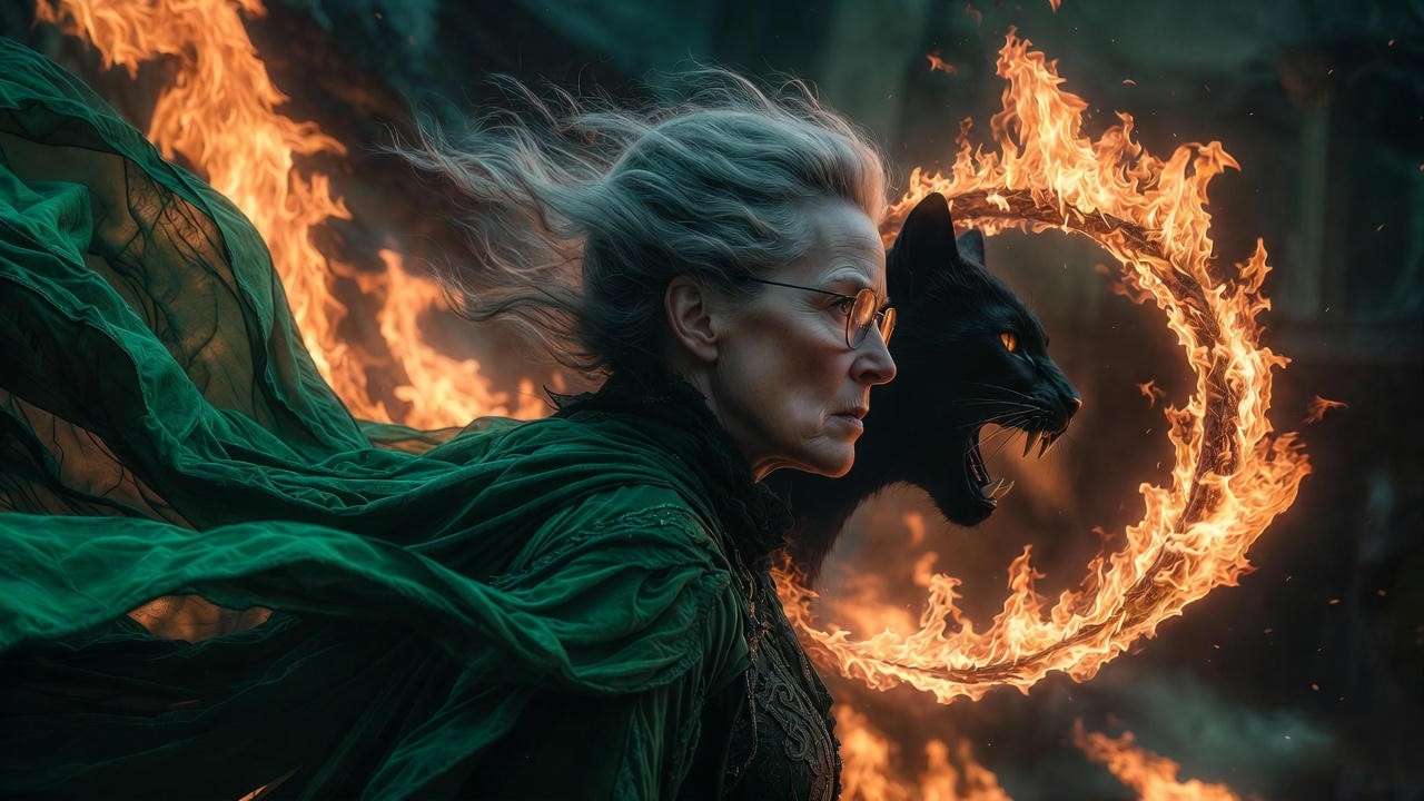 Artistic portrait of McGonagall's character evolution with flaming whip symbol in Harry Potter series.