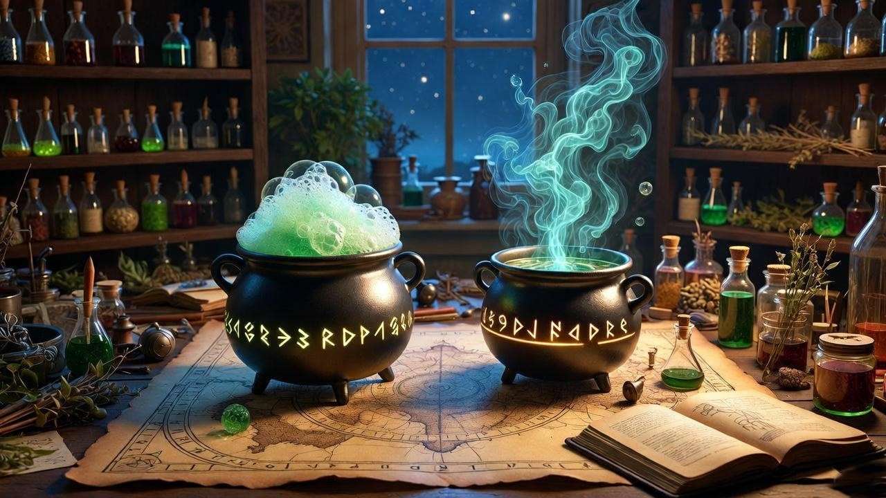 Harry Potter sleepy potion brewing tips and pitfalls in wizard study with cauldron mishaps and magical journal.
