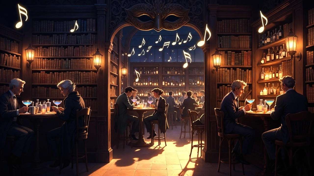 Hidden Harry Potter speakeasy bar in New Orleans Marigny with glowing potion cocktails and masked patrons.

