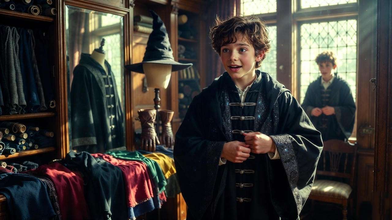 Young wizard fitting black Hogwarts robes and uniform essentials illustration.