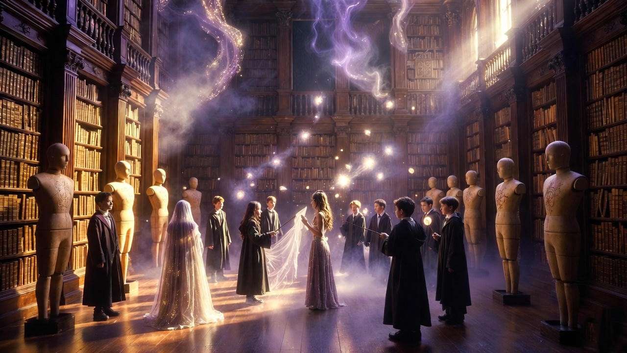 Ethereal Room of Requirement sanctuary for Dumbledore's Army training sessions in Harry Potter Year of Darkness.