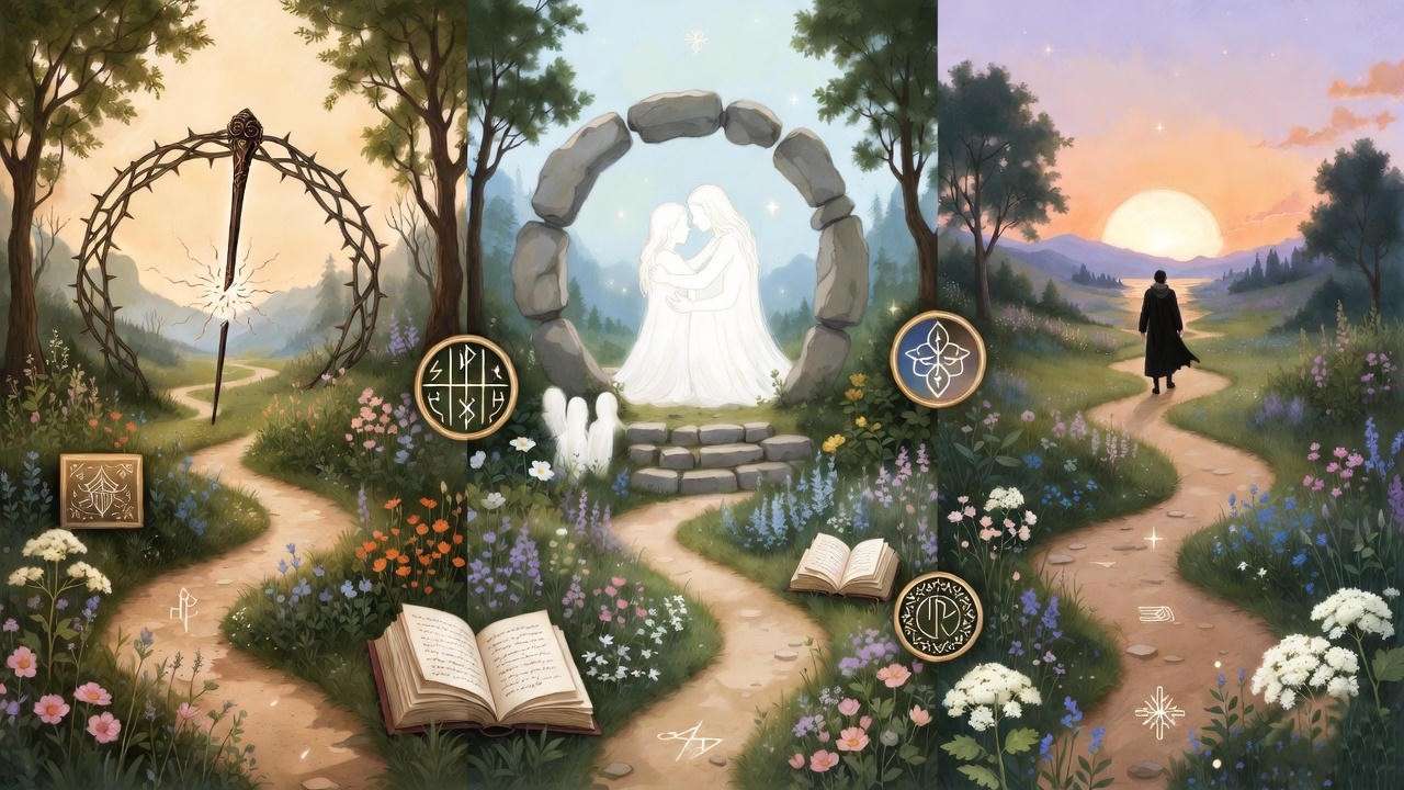 Visual lessons and timeless themes from the Tale of the Three Brothers story in Harry Potter, depicted in an enchanted garden path.
