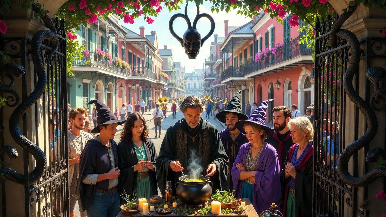 Themed Harry Potter voodoo walking tour in French Quarter New Orleans courtyard with potion brewing demo.
