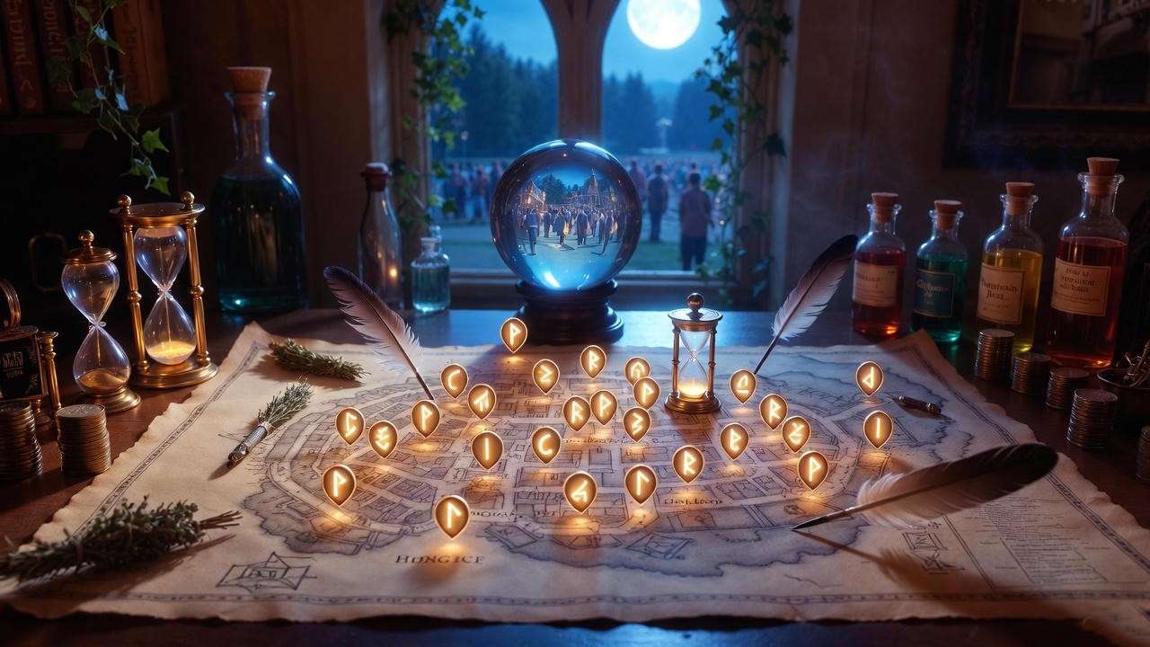 Wizarding map for planning best times to enjoy drinks at Harry Potter World, including crowd strategies. 