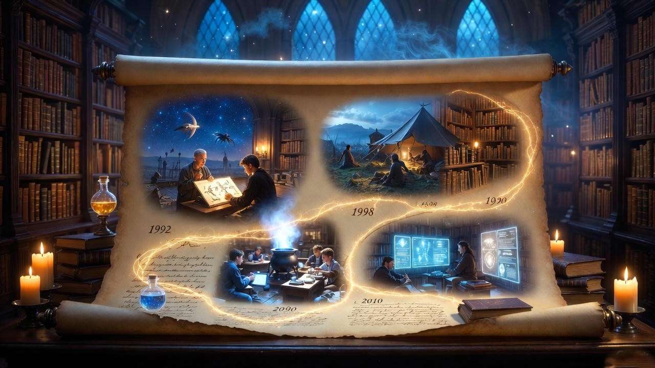 Harry Potter sleepy potion timeline illustration showing evolution from Fantastic Beasts era to post-Hogwarts lore.
