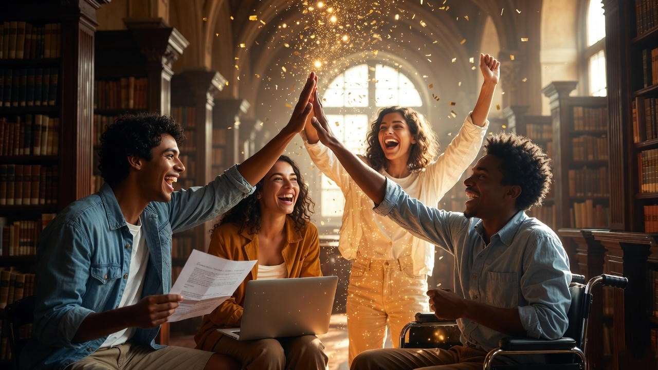 Diverse group of Harry Potter fans celebrating winning scholarships in library 
