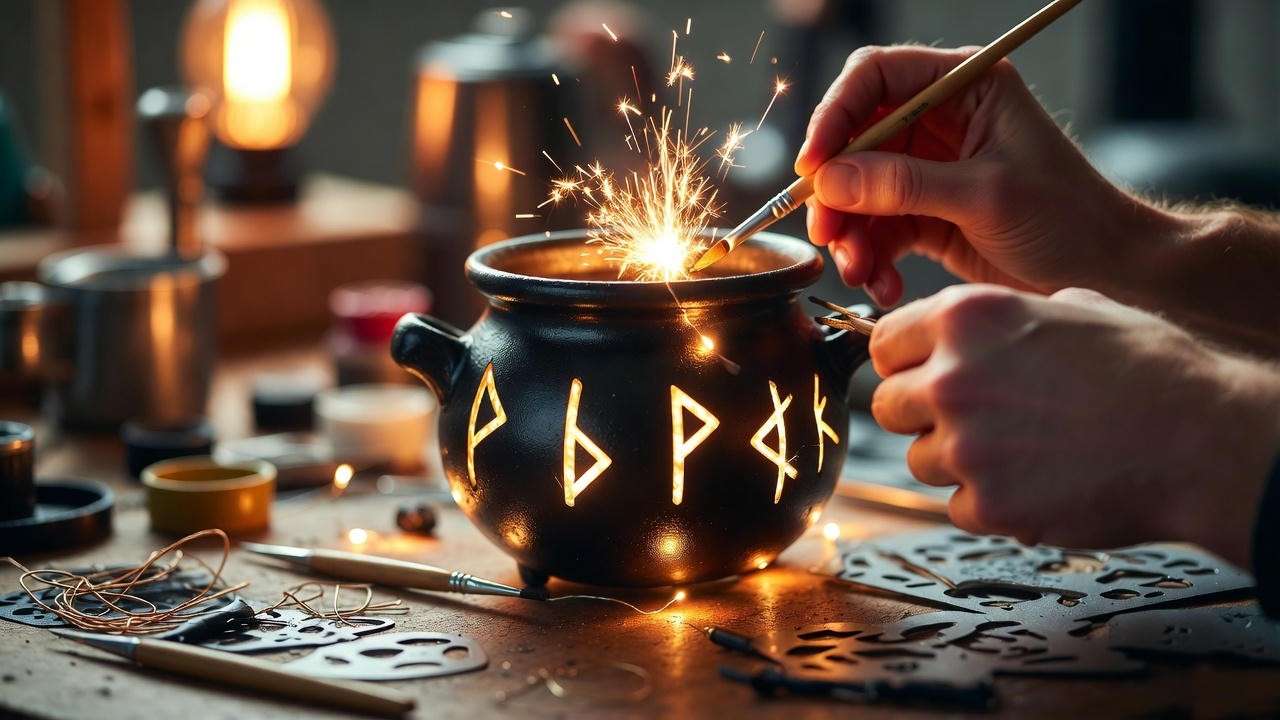 DIY tutorial image of upcycling a pot into a glowing enchanted wizard cauldron for Harry Potter fans.