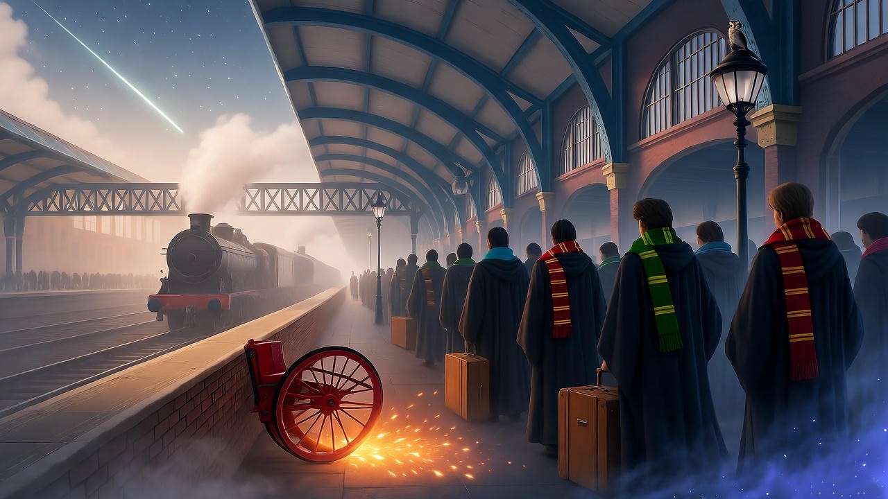 Magical illustration of Platform 9¾ at King's Cross for Harry Potter Bloomsbury walking tour stop.