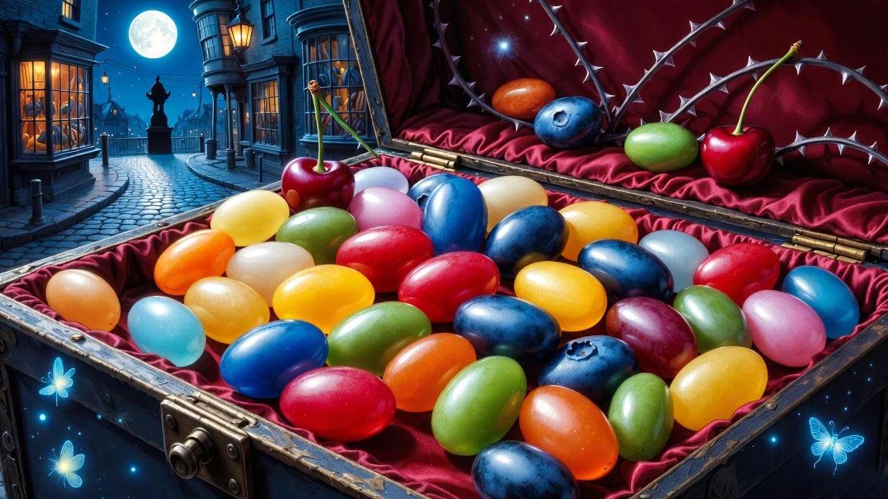 Assortment of best Bertie Bott's Every Flavor Beans delights like cherry and blueberry, illustrated in Harry Potter wizarding chest.