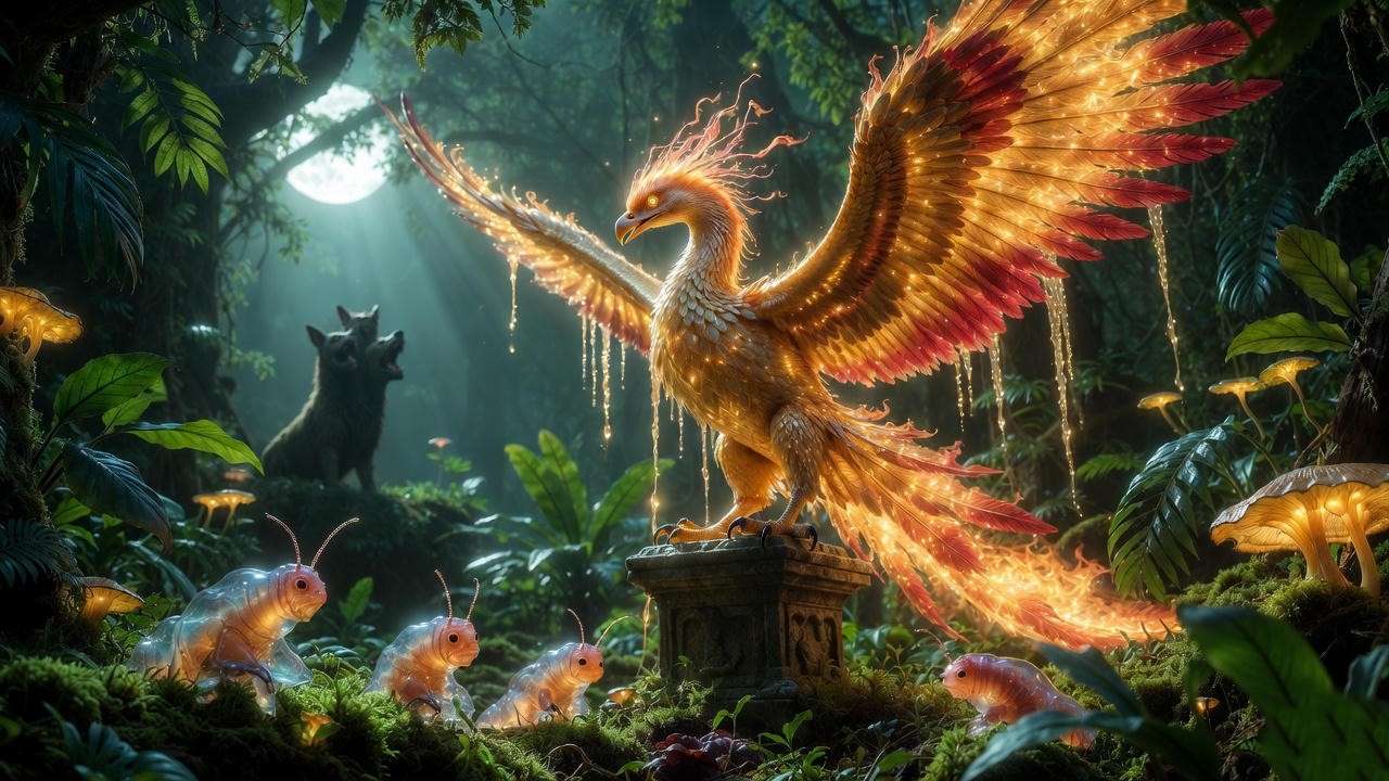 Phoenix rebirth scene with magical creatures in the Harry Potter Forbidden Forest.
