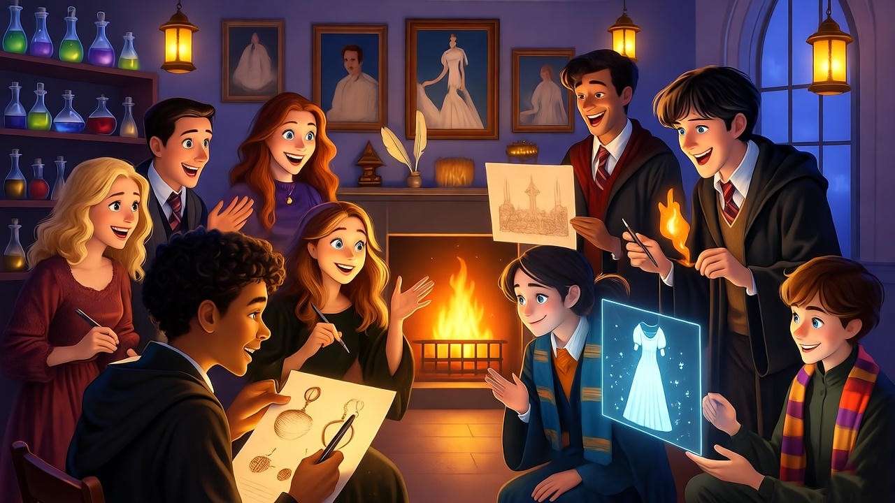 Potterheads building community through Harry Potter games dress up, creative collaboration in Hogwarts common room scene.