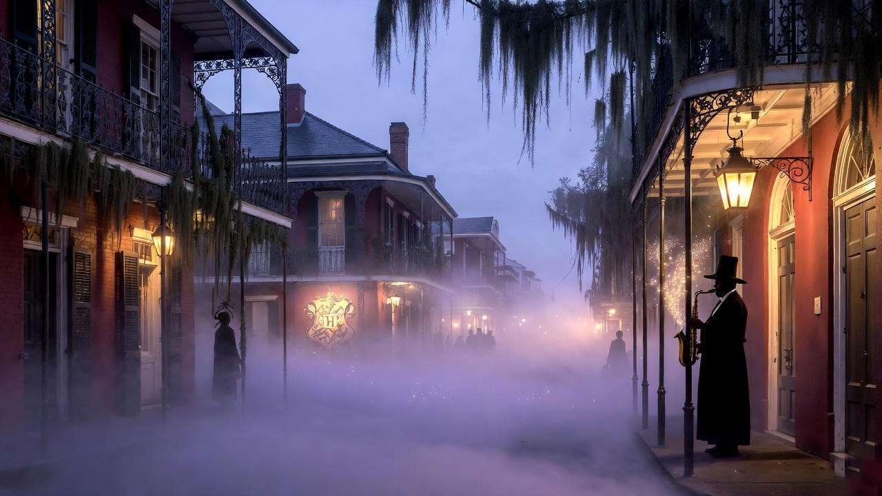New Orleans French Quarter at dusk blending Harry Potter wizarding world with voodoo mysticism and jazz heritage.

